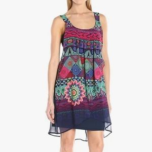 DESIGUAL Sheer Overlay Boho Medallion Print Sleeveless Dress